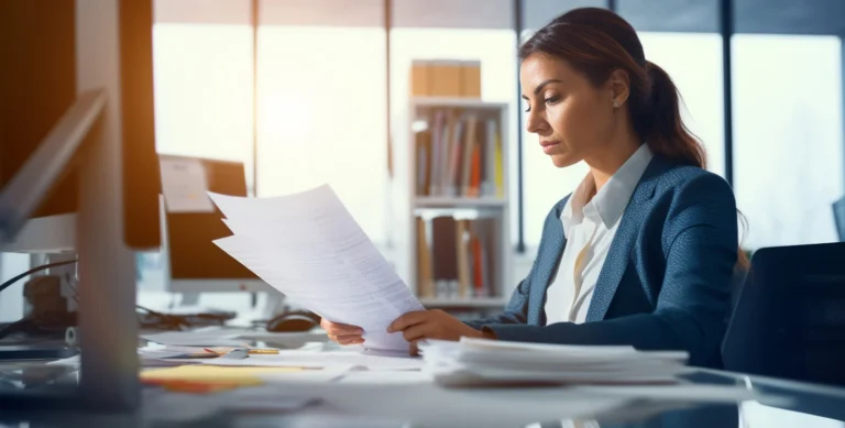 A woman in business attire reviews documents at a desk in a modern, sunlit office with shelves and office supplies in the background.