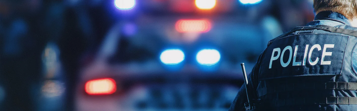 A police officer in a tactical vest stands with flashing police lights in the background at night.
