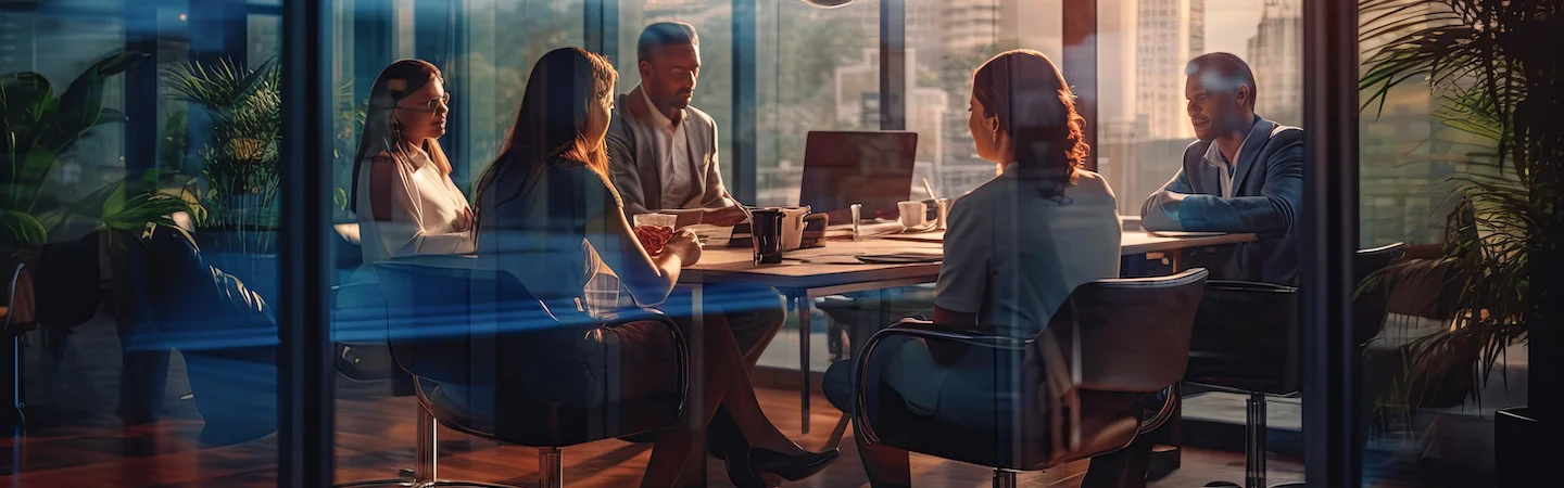 A diverse group of professionals sitting around a conference table in a modern office, engaging in a meeting.