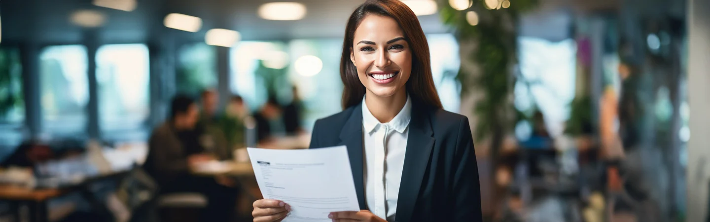 A woman in business attire smiling and holding a document in an office setting with colleagues in the background.