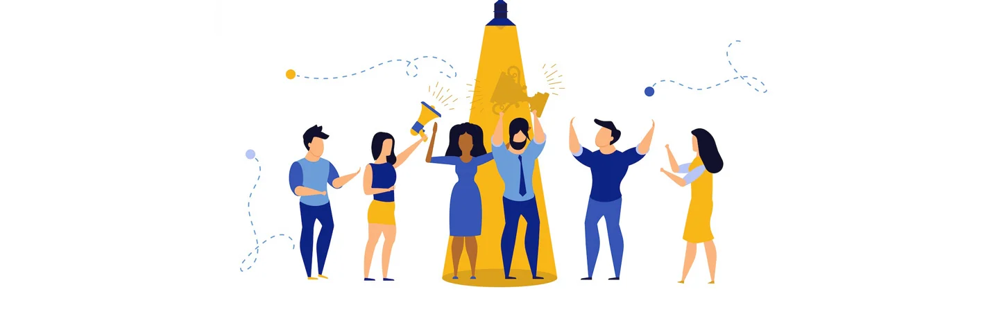 Illustration of six people celebrating, with one person holding a trophy under a spotlight.