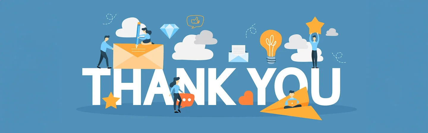 People interacting with various icons including an envelope, diamond, light bulb, and star around the words "THANK YOU.