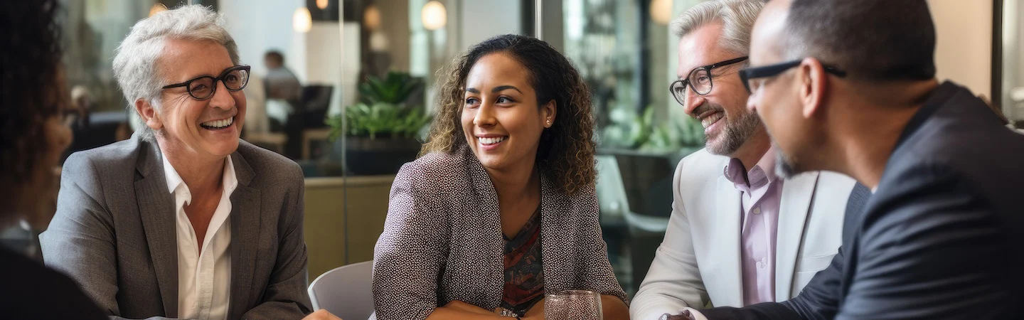 Five people in a meeting room, smiling and engaged in discussion around a table, with plants in the background.