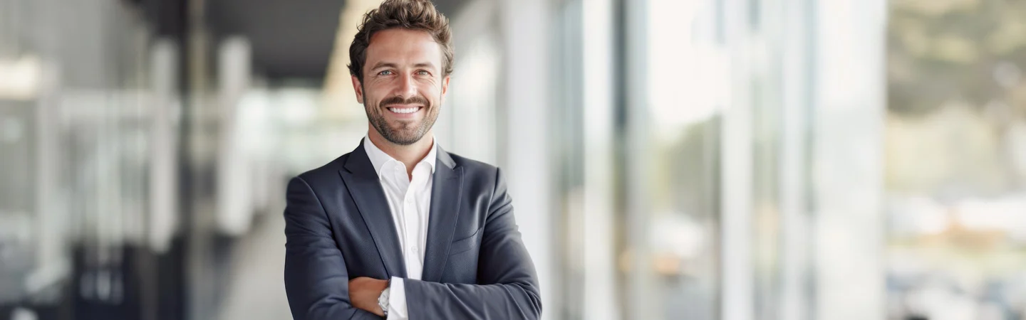 Smiling man in a suit stands with arms crossed in a modern, brightly lit office hallway with large windows.