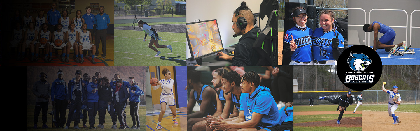 Collage of sports teams and athletes playing basketball, football, esports, softball, and baseball, featuring Bobcats Athletics logo.