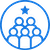 Blue circular logo with a stylized castle and six connected circles inside, resembling a network or community symbol.
