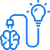 Blue icon of a cable connecting a gear on the left to a lightbulb on the right, symbolizing innovation or technology.