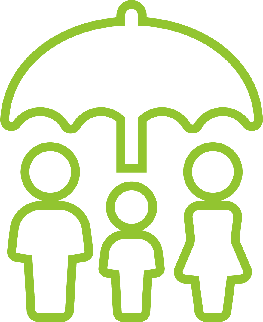 Green outline of three people under a large umbrella, symbolizing family protection or insurance coverage.