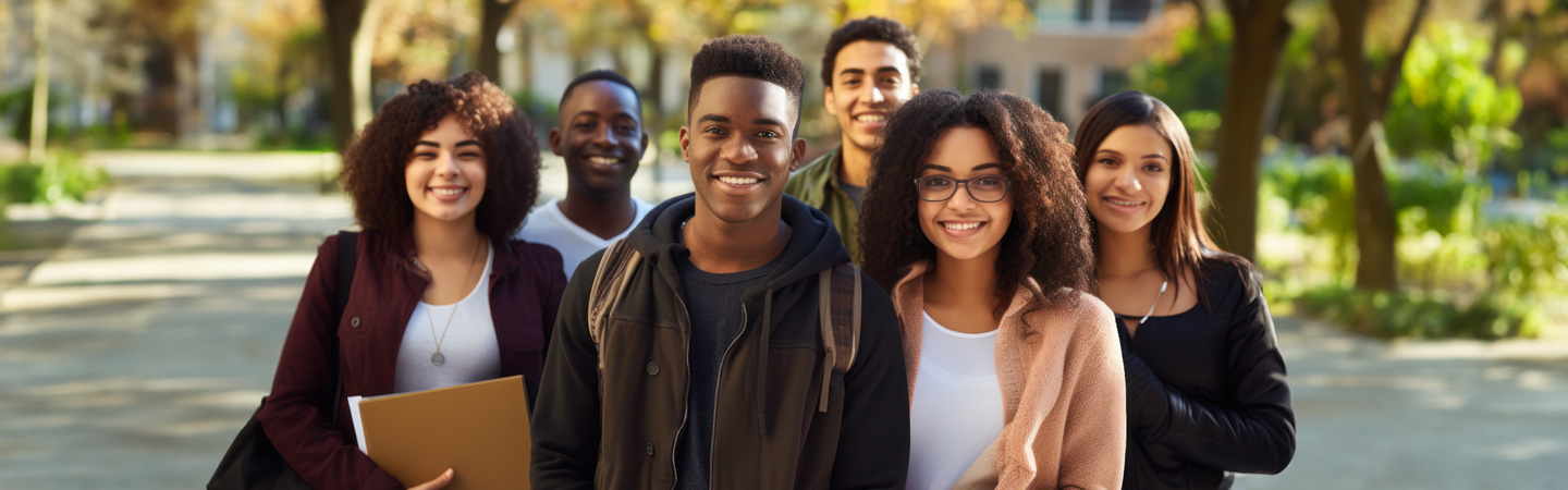 A group of six diverse students smiling while standing outdoors on a sunny day with trees and buildings in the background.