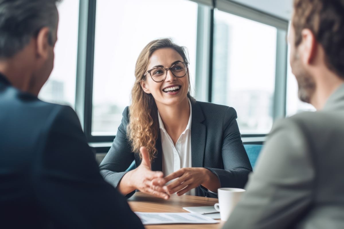 A smiling woman in a business suit engages in a discussion with two men in an office setting.