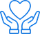 Blue outline of a heart above two open hands, symbolizing care and support.