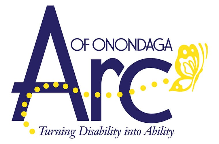 Logo of Arc of Onondaga with a butterfly design and the slogan "Turning Disability into Ability.