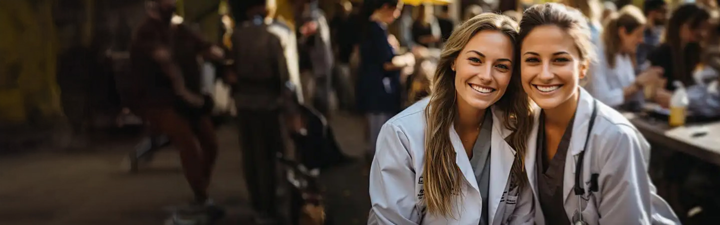 Two smiling women in white lab coats pose together, with a bustling crowd and outdoor setting in the background.