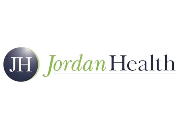 Logo of Jordan Health featuring a dark blue circle with initials "JH" on the left and "Jordan Health" text in green and blue.