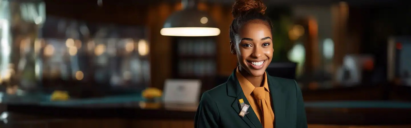 A woman in a green blazer with a name tag smiles while standing indoors, with blurred background lighting.