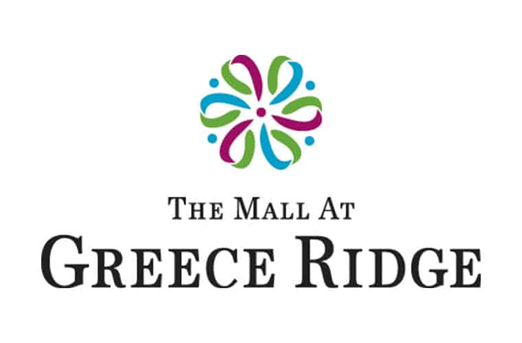Logo of The Mall at Greece Ridge with a decorative floral pattern above the mall's name in black text.