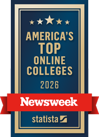 A blue and gold badge reads "America's Top Online Colleges 2026," highlighting Online Degrees, with a red "Newsweek" banner across it and the "statista" logo at the bottom.