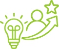 Green icon showing a lightbulb, a person, an upward arrow, and a star, symbolizing innovation and personal growth.