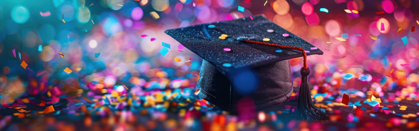 A graduation cap lies on a colorful, confetti-strewn surface with vibrant bokeh lights in the background.