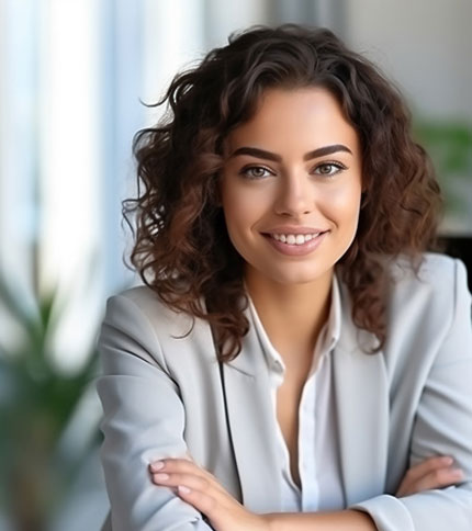 A smiling woman with curly hair, wearing a light gray blazer, sits with her arms crossed in a modern office space. A blurred plant and shelves are in the background.