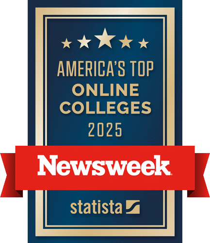 A badge reads "America's Top Online Colleges 2025" with a red banner across the bottom displaying "Newsweek" and the logo for "statista" underneath. The design features stars and a blue and gold color scheme.