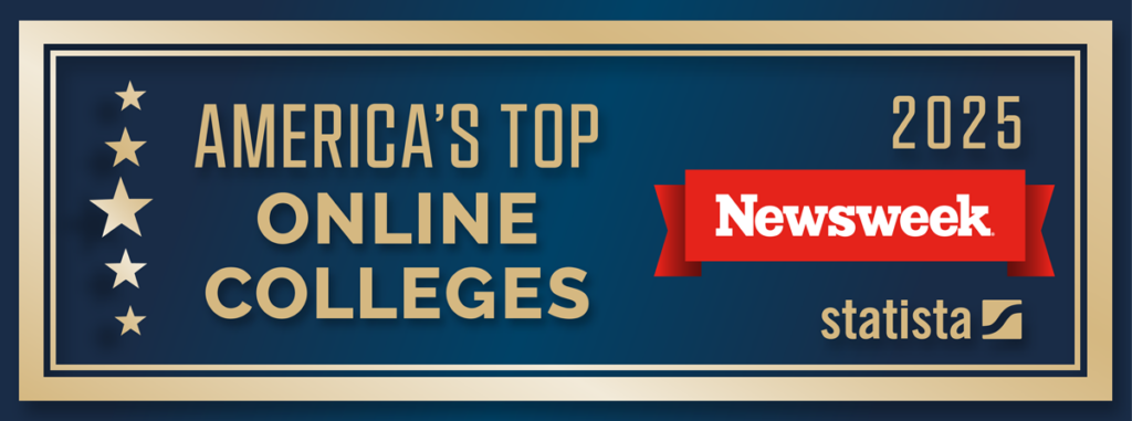 Banner with gold and red text on a blue background. It reads "America's Top Online Colleges 2025" with "Newsweek" in a red ribbon and "statista" at the bottom right. Stars are arranged vertically on the left.