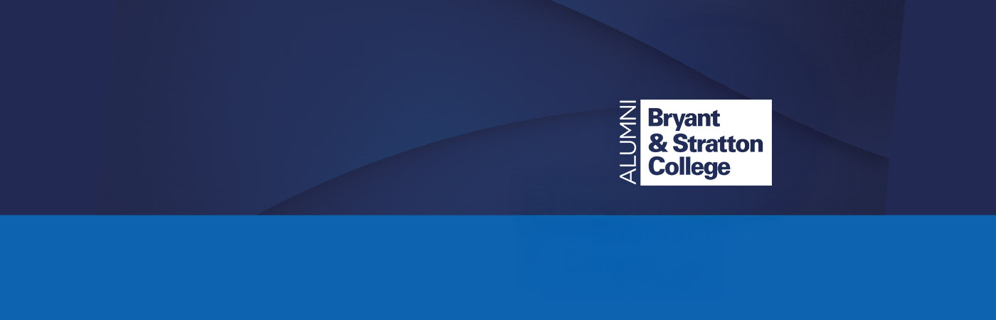 Blue background with the Bryant & Stratton College logo on a white square; the word "Alumni" is vertically aligned to the left of the logo.