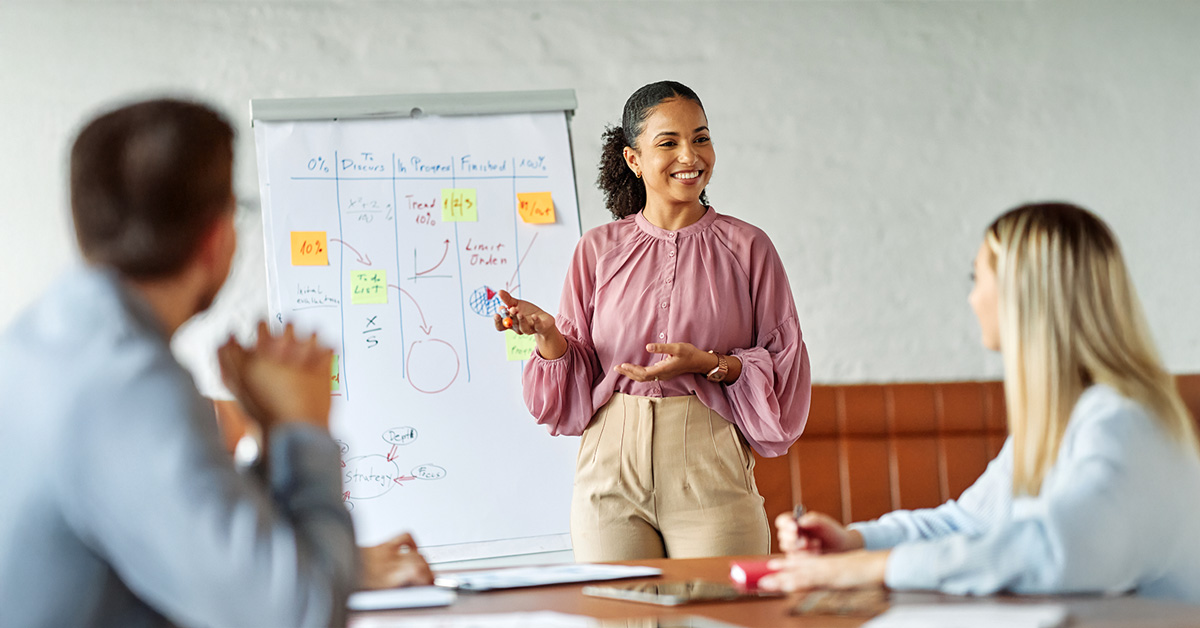 A woman in a pink blouse presents to two colleagues sitting at a table. She stands in front of a flip chart with colorful notes and diagrams. The setting appears to be a conference room.
