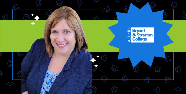 Smiling person with short hair wearing a patterned blue top and blazer, against a backdrop featuring a blue starburst with "Bryant & Stratton College Alumni" and graduation cap icons on a black and green background.