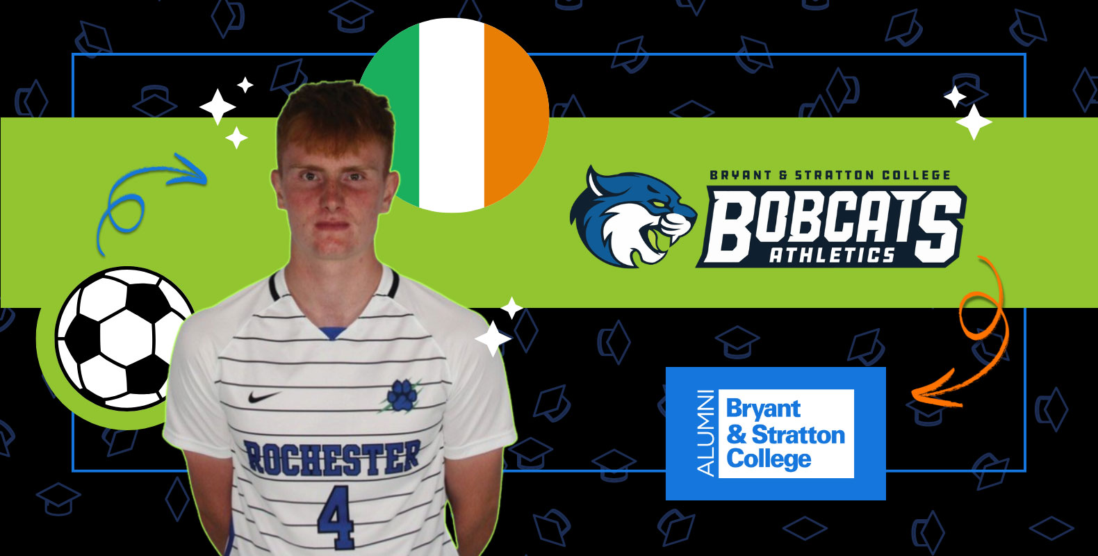 A soccer player in a striped jersey stands against a background featuring the Bryant & Stratton College Bobcats Athletics logo, an Irish flag, and a soccer ball. The jersey has "Rochester" and the number 4 on it. The background is green, black, and blue.