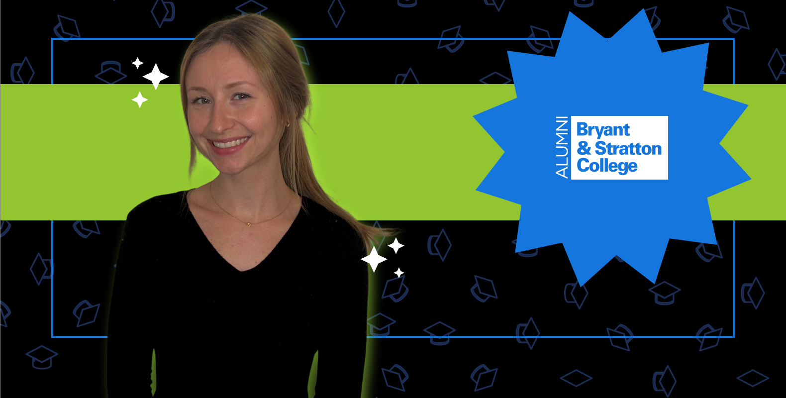 Woman smiling against a background with a green horizontal stripe and blue graduation cap pattern. A blue starburst with "Bryant & Stratton College Alumni" is on the right.
