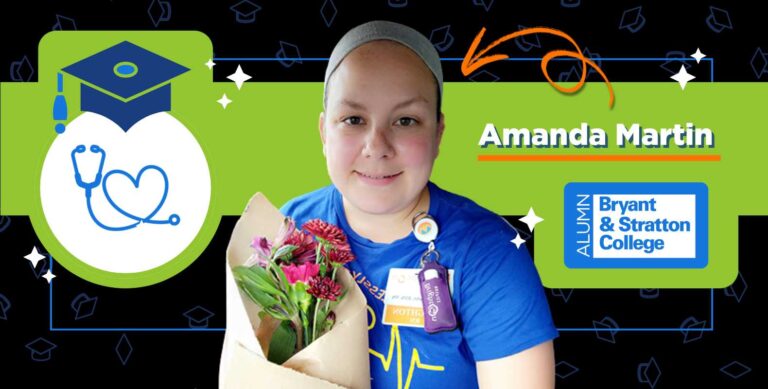 A woman in a blue shirt holds a bouquet of flowers. Text reads "Amanda Martin" and "Bryant & Stratton College Alumni" with a nurse symbol and graduation cap graphic on a colorful background.