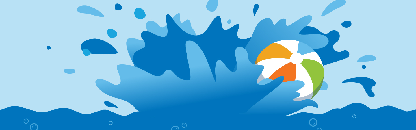 Illustration of a colorful beach ball splashing into water, creating large blue water splashes and droplets against a light blue background.