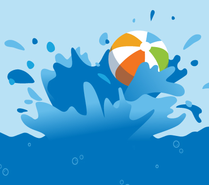 A colorful beach ball splashes into blue water, creating large droplets and waves against a light blue background.