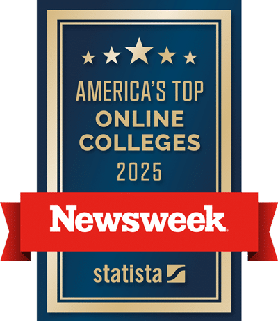 A blue and gold badge reads "America's Top Online Colleges 2025." A red ribbon with "Newsweek" covers part of the badge, highlighting excellence among Online Colleges, and the "statista" logo appears at the bottom.