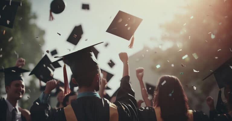 A group of graduates in caps and gowns celebrate outdoors, throwing their caps into the air with hands raised, surrounded by sunlight and confetti, capturing the joyful spirit of an Online Commencement Ceremony.
