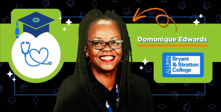 A smiling woman with long braids and glasses is in front of a green background with a graduation cap, stethoscope heart graphic, and the text "Domonique Edwards" and "Bryant & Stratton College Alumni.