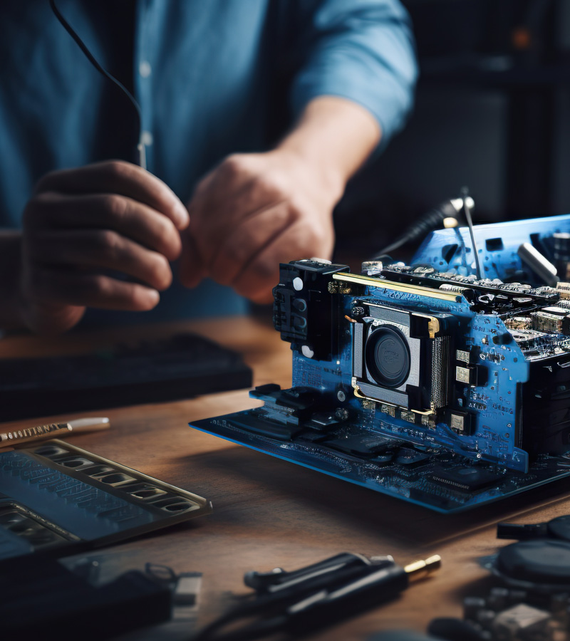 An Electrical Engineering Technician assembles computer hardware on a desk, installing components onto a blue motherboard with tools and electronic parts visible around the workspace.