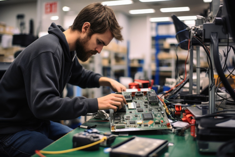 An Electrical Engineering Technician with a beard works intently on assembling or repairing a large circuit board at a cluttered electronics workbench. Various tools and components are scattered around him in the well-lit workshop.