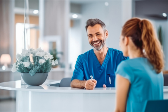 A smiling male Patient Care Coordinator in blue scrubs talks with a woman at a reception desk in a bright, modern clinic. A flower arrangement is on the counter beside them.