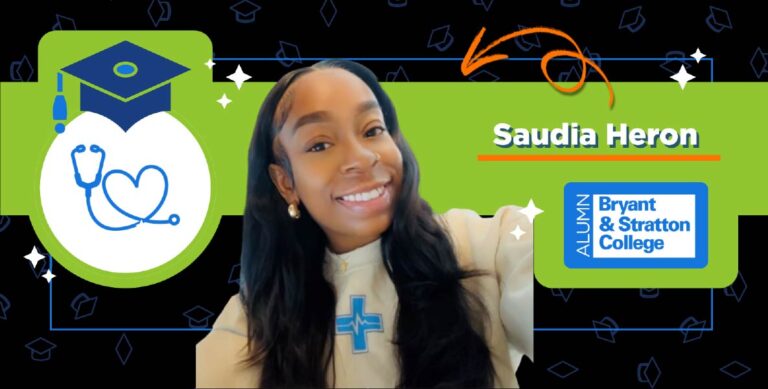 A smiling woman with long hair poses in front of a graphic background featuring a graduation cap, stethoscope heart icon, and the text “Saudia Heron, Bryant & Stratton College Alumni.”.
