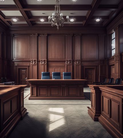 A grand, empty courtroom with rich wood paneling, three blue chairs behind the judge’s bench, ornate detailing, and a chandelier hanging from the ceiling. Sunlight shines through a window onto the carpeted floor.