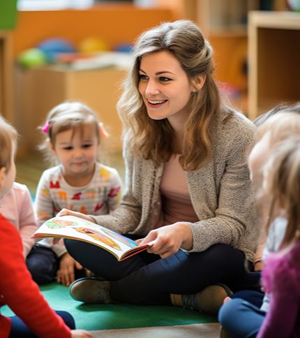 A smiling childcare worker sits cross-legged on the floor, reading a picture book to a group of young children who are attentively gathered around her in a brightly lit classroom.