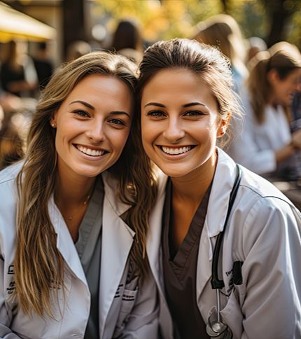 Two young women in medical coats smile at the camera outdoors, representing Community Health Workers. Blurred people and trees in the background suggest a casual social or campus setting.