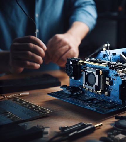 A Computer Technologist in a blue shirt is assembling or repairing a computer motherboard on a desk, surrounded by tools and components. The focus is on the hands and hardware, showcasing practical skills in computer technology.