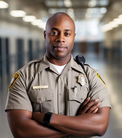 A male correctional officer in uniform stands with arms crossed in a well-lit hallway, wearing a radio and name tag, looking confidently at the camera.