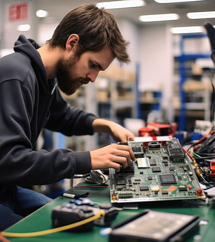 An Electronics Technician with a beard is working on a large circuit board at a workstation in a brightly lit lab, focused on electronics repair. Various tools and electronic parts are spread across the table.