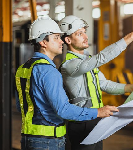 Two male construction workers, including an engineering technician, wearing safety helmets and reflective vests review a blueprint together, with one pointing ahead inside an industrial or construction site.