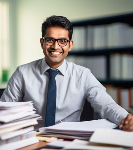 A smiling man wearing glasses, a light-colored shirt, and a tie sits at a desk with stacks of papers and folders. Shelves filled with books and binders are visible in the background.