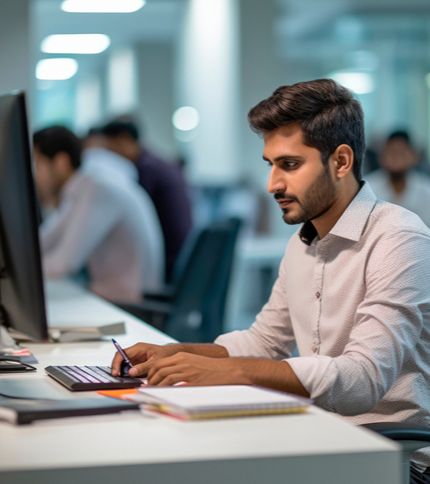 A Help Desk Technician in a white shirt sits at a desk in a modern office, working on a computer and writing in a notebook while others work at desks in the background.